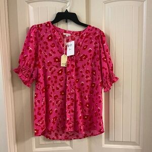 Jodiful Pink and Red V-Neck Large Top with Short gathered Sleeves. New with Tags